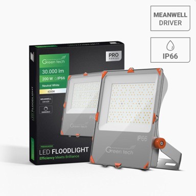 GREEN TECH Premium LED reflektor, 200 W, 150 lm/W, 4200 K, IP66, Meanwell XLG