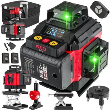 RED TECHNIC ACA LCD 4D 16-linijski zeleni građevinski laserski nivelir, 2×3500 mAh + daljinski upravljač