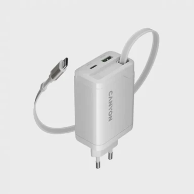 CANYON Zidni punjač OnCharge 65RC, USB-C, 65 W, ugrađeni kabel, EU, bijeli (CNS-CURC65ACW)