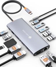 NOVOO Priključna stanica, 14 u 1, dva monitora, USB-C na HDMI, DisplayPort, Ethernet, 100 W PD, USB, SD/TF, audio