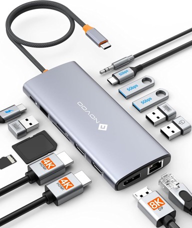 NOVOO Priključna stanica, 14 u 1, dva monitora, USB-C na HDMI, DisplayPort, Ethernet, 100 W PD, USB, SD/TF, audio