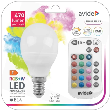 AVIDE Pametna žarulja Smart LED Mini Globe 4.9W 34395, LED 4.9W, E14, RGB+W, 2700K, daljinski