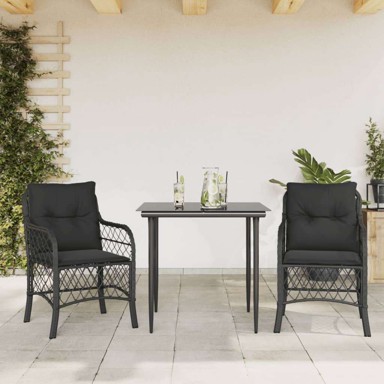 3-dijelni bistro set s jastucima crni od poliratana dužina stola 80 cm oštra noga, crna