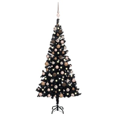 Božićno drvce umjetno, osvijetljeno s kuglicama, crno 120 cm, PVC, rose gold kuglice