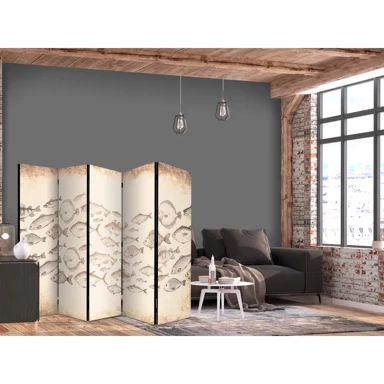Paravan Skica jata riba, skice raznih vrsta riba u jatu na bež podlozi u vintage stilu, 135x172 cm, dvostrani