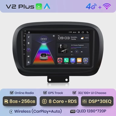 Multimedia inteligentni sustav za Fiat 500X, 2014, 2020, navigacija, GPS, CarPlay, 2Din DVD, V2 Plus, 8GB, 256GB