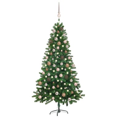 Božićno drvce umjetno osvijetljeno s kuglicama, zeleno, ruže, 180 x 90 cm, 61 rose gold kuglica