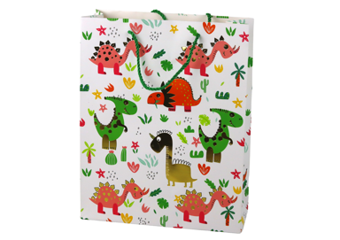 Papirnata poklon vrećica s motivom šarenih dinosaura i palmi 32 cm x 26 cm x 10 cm