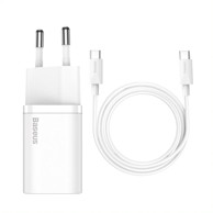 BASEUS Brzi punjač Super Si 1C, 25 W, EU + Type-C/Type-C, 3A, 1m, bijeli TZCCSUP-L02