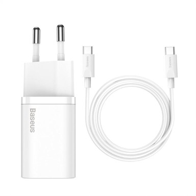 BASEUS Brzi punjač Super Si 1C, 25 W, EU + Type-C/Type-C, 3A, 1m, bijeli TZCCSUP-L02