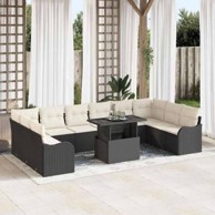 11-dijelni vrtni sofa set s jastučićima poli ratan, crni, 2-sjedala vrtna sofa s jastučićima poli ratan, crni
