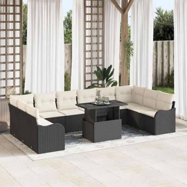 11-dijelni vrtni sofa set s jastučićima poli ratan, crni, 2-sjedala vrtna sofa s jastučićima poli ratan, crni