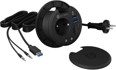 ICY BOX USB hub IB-HUB1430-CR, USB-A, 2x USB-A 3.0, USB-C, audio, SD/microSD, strujna utičnica, ugradbeni, crni