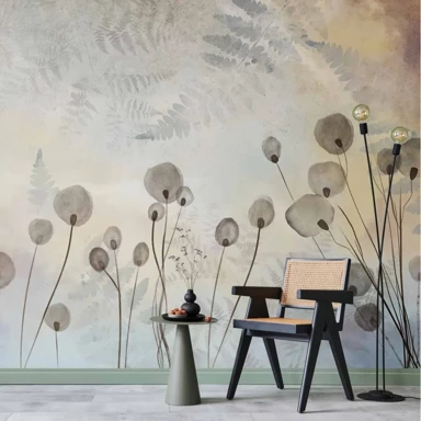 Foto tapeta Minimalistička livada, cvjetni motiv u svijetlim tonovima s odsjajima, 300x210 cm