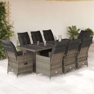 9-dijelni vrtni bistro set od poli-ratana s jastucima, bez naslona za noge, siva staklo