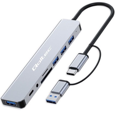 QOLTEC USB-C hub adapter, 8 u 1, 4× USB, USB-C, SD/TF, 3,5 mm, audio priključak