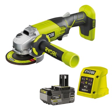 RYOBI akumulatorska kutna brusilica R18AG, 115 mm, s baterijom 4 Ah RB1840X i punjačem RC18115