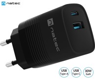 NATEC Punjač Ribera GaN univerzalni, 30 W, USB-A, USB-C, crna