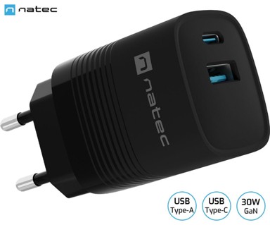 NATEC Punjač Ribera GaN univerzalni, 30 W, USB-A, USB-C, crna