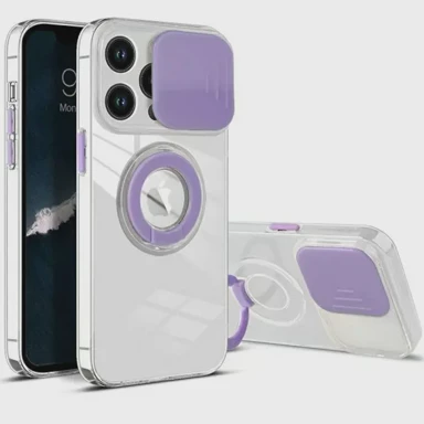 MAXMOBILE Maskica za iPhone 14 Plus, s držačem i zaštitom kamere, prozirna, ljubičasta