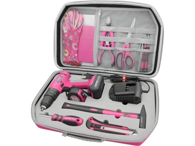 EXTOL LIGHT Akumulatorska bušilica/odvijač s udarnim mehanizmom 12V Li-ion 2000 mAh ružičasta u kutiji sa setom od 27 dijelova