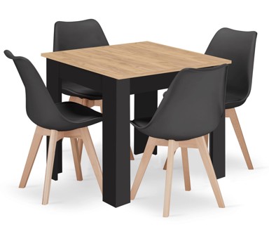 Stol i stolice, set, stol 80x80 cm, 4 kom stolice, drvo, crna