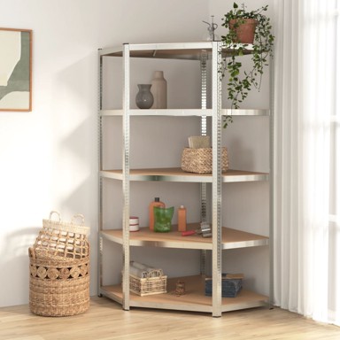 Kutna polica 5 razina, čelik i drvo, srebrna