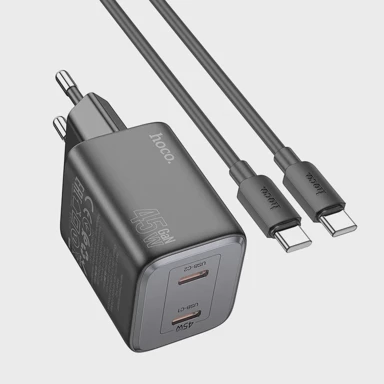 HOCO Zidni punjač N42, 2x Type C + Type C na Type C kabel, PD QC, 45W, GaN, crni