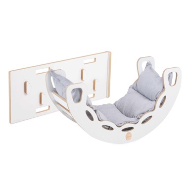 PLUSH NEST Ljuljačka 4-u-1, ljuljačka + zid za penjanje/tobogan + jastuk, svijetlo sivi