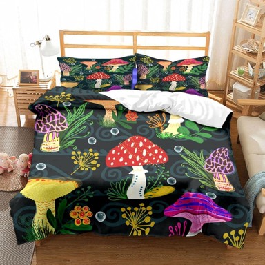 NIKCORP Set posteljine s motivom gljiva, mikrofibra, prozračna, patentni zatvarač, 135 x 200 cm + 80 x 80 cm