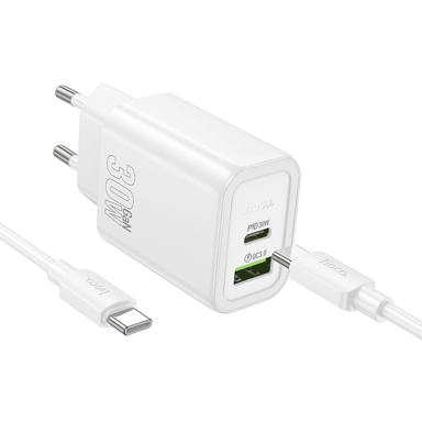 HOCO Punjač N63, GaN, USB-A i Type-C, Type-C na Type-C kabel, PD, 30 W, bijela