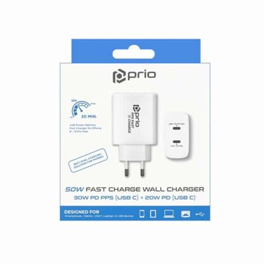 PRIO Zidni punjač, brzo punjenje, 30W PD PPS (USB C) + 20W PD (USB C), bijeli