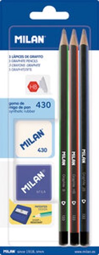MILAN Grafitna olovka, set, HB/B/2B, s gumicom i šiljilom