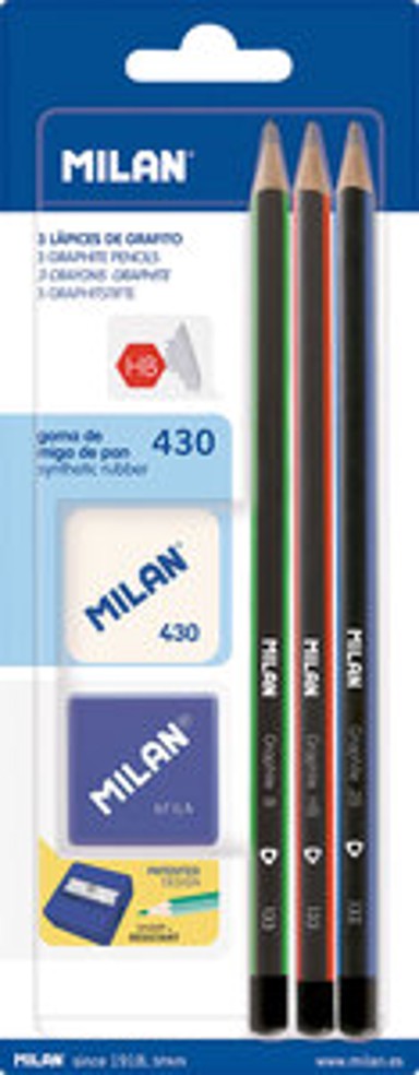 MILAN Grafitna olovka, set, HB/B/2B, s gumicom i šiljilom