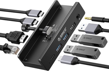 ORICO Priključna stanica, 8 u 1, USB-C, s kopčom, 4K HDMI, 100 W PD, gigabitni Ethernet, 4 x USB, AUX, 10 Gbps
