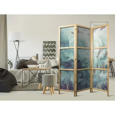 Japanski paravan Tri jata riba, ribe u prigušenim bojama plivaju u skupinama u oceanskim dubinama, 135x172 cm