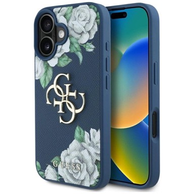 Guess Grained Roses Big 4G Logo maskica za iPhone 16, modra