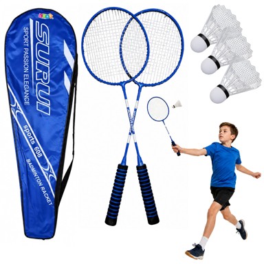 Set za badminton, reketi, 3 loptice, navlaka, plava