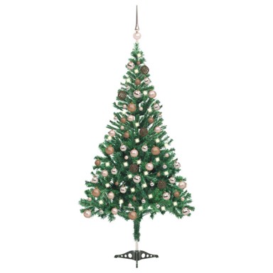 Božićno drvce umjetno, osvijetljeno s kuglicama, 120 cm, 230 grana, zeleno, rose gold kuglice