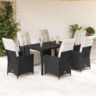 Vrtna garnitura, 7-dijelni vrtni blagovaonski set s jastucima, 150 x 90 x 75 cm, crna