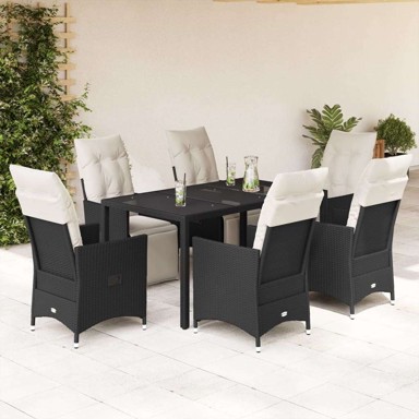 Vrtna garnitura, 7-dijelni vrtni blagovaonski set s jastucima, 150 x 90 x 75 cm, crna