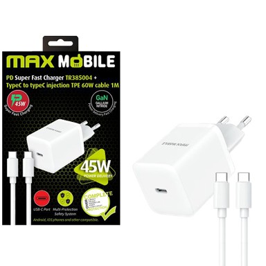 MAXMOBILE Kućni punjač, PD Super Fast Charge, set 2u1, USB-C + kabel, TR385004, GaN, 45W