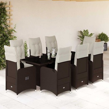 Vrtni bistro set, 9-dijelni, poliratan s jastucima, smeđi
