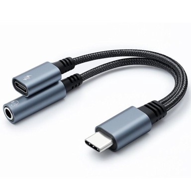 QOLTEC USB-C 2-u-1 adapter, USB-C + 3,5 mm jack, PD 15 W, 10 cm