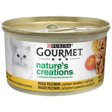 GOURMET Hrana za mačke Nature's Creation s piletinom začinjeno špinatom i rajčicom, 85 g