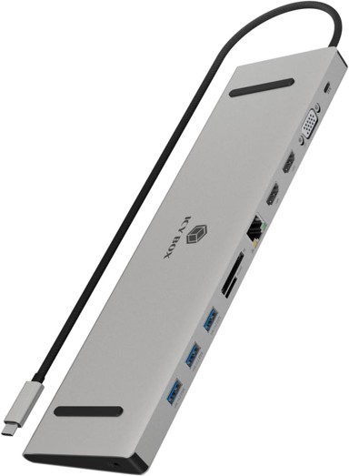 ICY BOX Priključna stanica, 11 u 1, USB-C, 2 monitora, 2 x HDMI i 1 x VGA, 4K 60Hz, 3 x USB 3.0, 100 W PD, gigabitni Ethernet, čitač kartica, audio