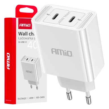 AMIO Brzi zidni punjač AMIO-03892, 2×USB-C, 40W, Quick Charge, 230V