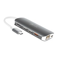 J5CREATE USB hub JCD383, USB-C, 3x USB-A, 1x USB-C, 1x HDMI, 1x RJ45, srebrni i bijeli