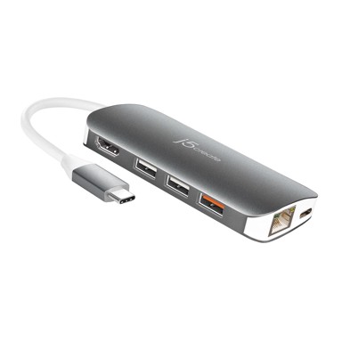 J5CREATE USB hub JCD383, USB-C, 3x USB-A, 1x USB-C, 1x HDMI, 1x RJ45, srebrni i bijeli