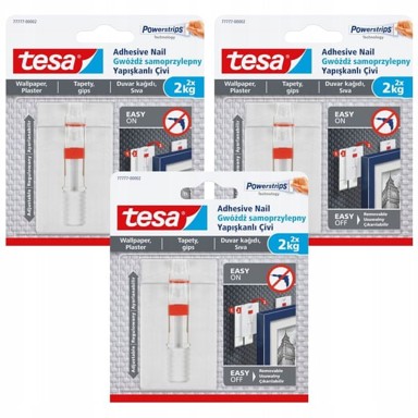 TESA Samoljepivi čavao, podesiva vješalica do 2 kg za tapete i žbuku, 2 kom. x3
